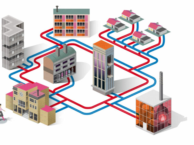 Illustration som beskriver hur fjärrvärme fungerar.